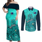 personalised-australia-soccer-couples-matching-off-shoulder-maxi-dress-and-long-sleeve-button-shirts-aboriginal-turquoise-2023-world-cup-with-kangaroo