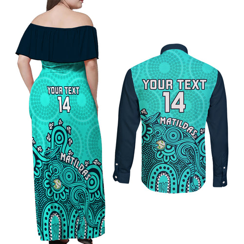personalised-australia-soccer-couples-matching-off-shoulder-maxi-dress-and-long-sleeve-button-shirts-aboriginal-turquoise-2023-world-cup-with-kangaroo