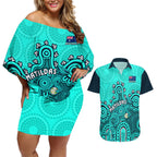personalised-australia-soccer-couples-matching-off-shoulder-short-dress-and-hawaiian-shirt-aboriginal-turquoise-2023-world-cup-with-kangaroo