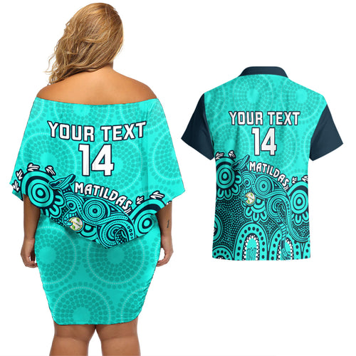 personalised-australia-soccer-couples-matching-off-shoulder-short-dress-and-hawaiian-shirt-aboriginal-turquoise-2023-world-cup-with-kangaroo