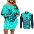 personalised-australia-soccer-couples-matching-off-shoulder-short-dress-and-long-sleeve-button-shirts-aboriginal-turquoise-2023-world-cup-with-kangaroo
