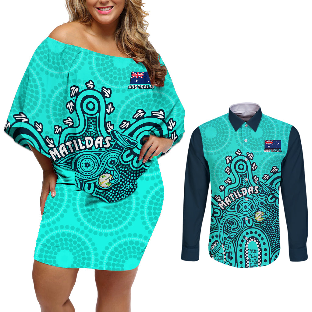 personalised-australia-soccer-couples-matching-off-shoulder-short-dress-and-long-sleeve-button-shirts-aboriginal-turquoise-2023-world-cup-with-kangaroo