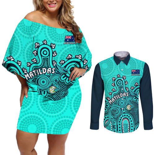 personalised-australia-soccer-couples-matching-off-shoulder-short-dress-and-long-sleeve-button-shirts-aboriginal-turquoise-2023-world-cup-with-kangaroo