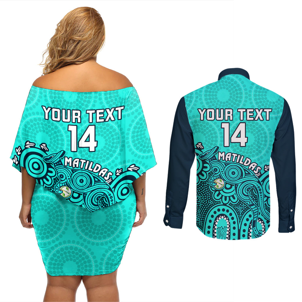 personalised-australia-soccer-couples-matching-off-shoulder-short-dress-and-long-sleeve-button-shirts-aboriginal-turquoise-2023-world-cup-with-kangaroo
