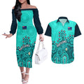 personalised-australia-soccer-couples-matching-off-the-shoulder-long-sleeve-dress-and-hawaiian-shirt-aboriginal-turquoise-2023-world-cup-with-kangaroo