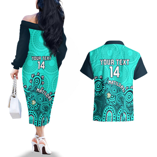 personalised-australia-soccer-couples-matching-off-the-shoulder-long-sleeve-dress-and-hawaiian-shirt-aboriginal-turquoise-2023-world-cup-with-kangaroo