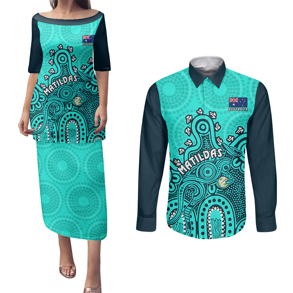 personalised-australia-soccer-couples-matching-puletasi-dress-and-long-sleeve-button-shirts-aboriginal-turquoise-2023-world-cup-with-kangaroo