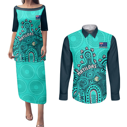 personalised-australia-soccer-couples-matching-puletasi-dress-and-long-sleeve-button-shirts-aboriginal-turquoise-2023-world-cup-with-kangaroo