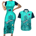 personalised-australia-soccer-couples-matching-short-sleeve-bodycon-dress-and-hawaiian-shirt-aboriginal-turquoise-2023-world-cup-with-kangaroo