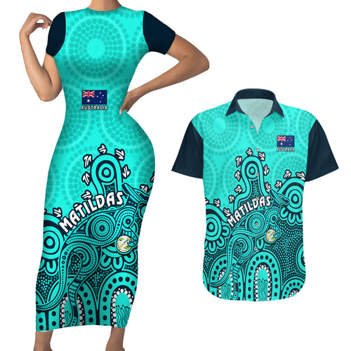 personalised-australia-soccer-couples-matching-short-sleeve-bodycon-dress-and-hawaiian-shirt-aboriginal-turquoise-2023-world-cup-with-kangaroo