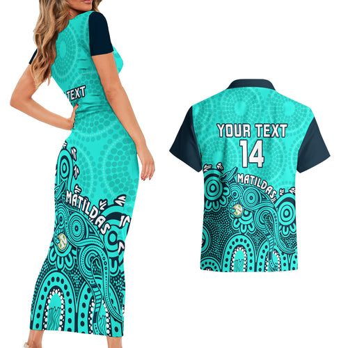 personalised-australia-soccer-couples-matching-short-sleeve-bodycon-dress-and-hawaiian-shirt-aboriginal-turquoise-2023-world-cup-with-kangaroo