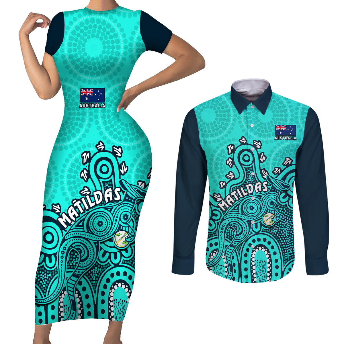 personalised-australia-soccer-couples-matching-short-sleeve-bodycon-dress-and-long-sleeve-button-shirts-aboriginal-turquoise-2023-world-cup-with-kangaroo