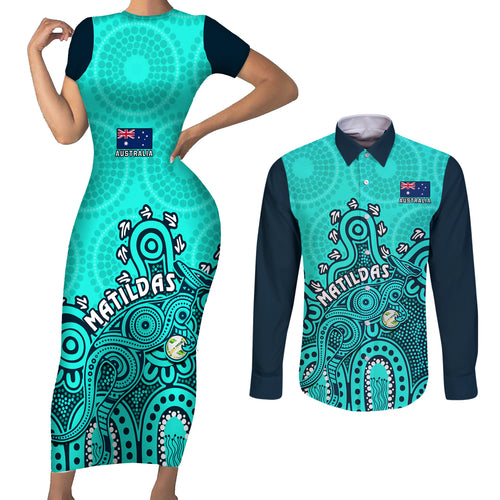 personalised-australia-soccer-couples-matching-short-sleeve-bodycon-dress-and-long-sleeve-button-shirts-aboriginal-turquoise-2023-world-cup-with-kangaroo