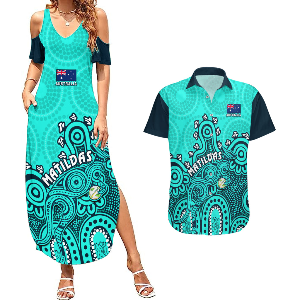 personalised-australia-soccer-couples-matching-summer-maxi-dress-and-hawaiian-shirt-aboriginal-turquoise-2023-world-cup-with-kangaroo