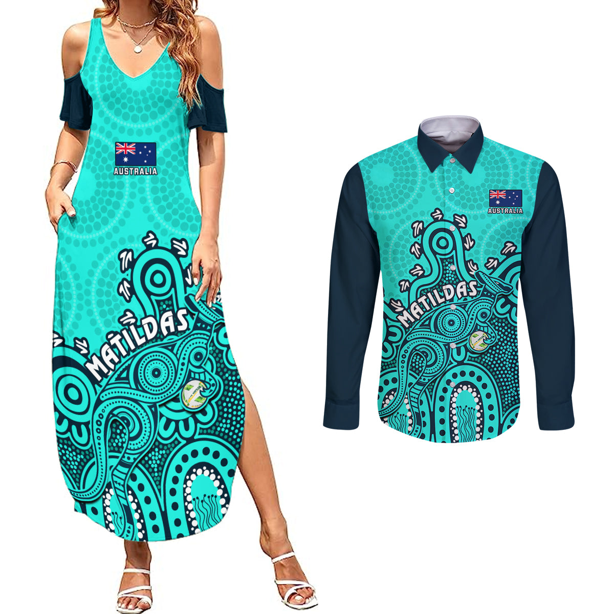 personalised-australia-soccer-couples-matching-summer-maxi-dress-and-long-sleeve-button-shirts-aboriginal-turquoise-2023-world-cup-with-kangaroo