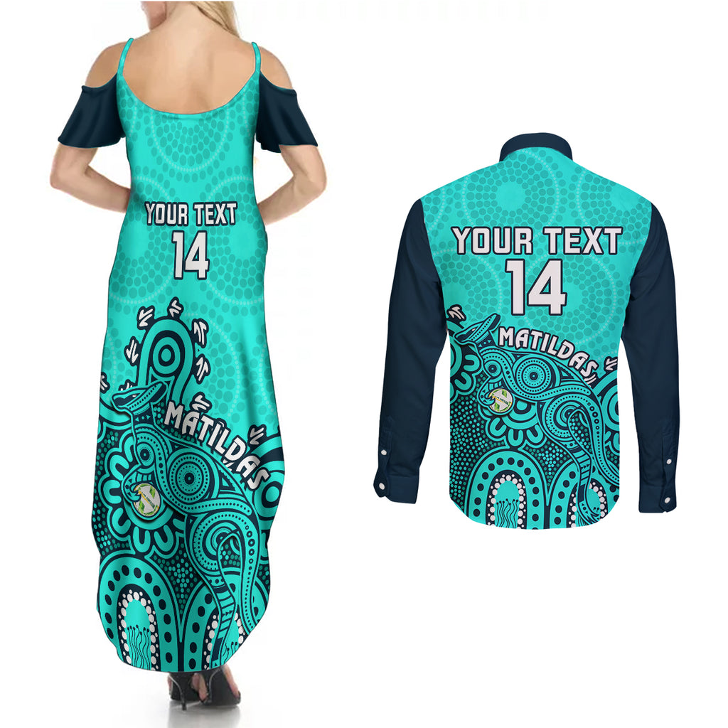 personalised-australia-soccer-couples-matching-summer-maxi-dress-and-long-sleeve-button-shirts-aboriginal-turquoise-2023-world-cup-with-kangaroo