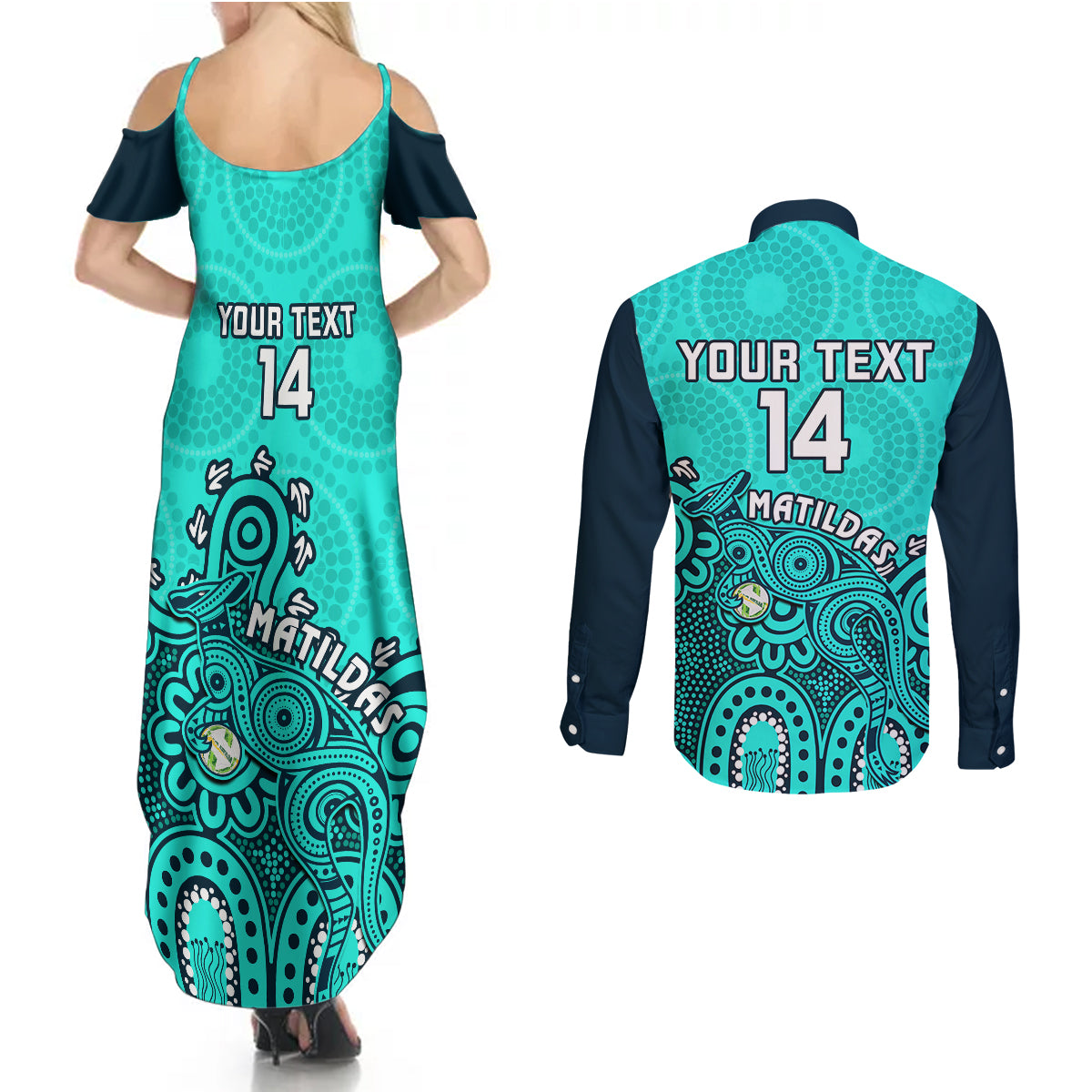 personalised-australia-soccer-couples-matching-summer-maxi-dress-and-long-sleeve-button-shirts-aboriginal-turquoise-2023-world-cup-with-kangaroo