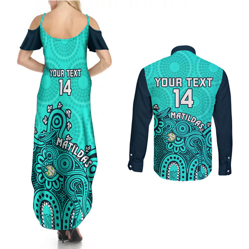 personalised-australia-soccer-couples-matching-summer-maxi-dress-and-long-sleeve-button-shirts-aboriginal-turquoise-2023-world-cup-with-kangaroo