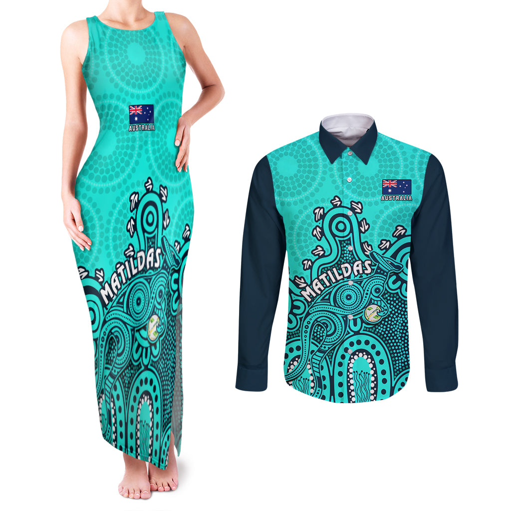 personalised-australia-soccer-couples-matching-tank-maxi-dress-and-long-sleeve-button-shirts-aboriginal-turquoise-2023-world-cup-with-kangaroo