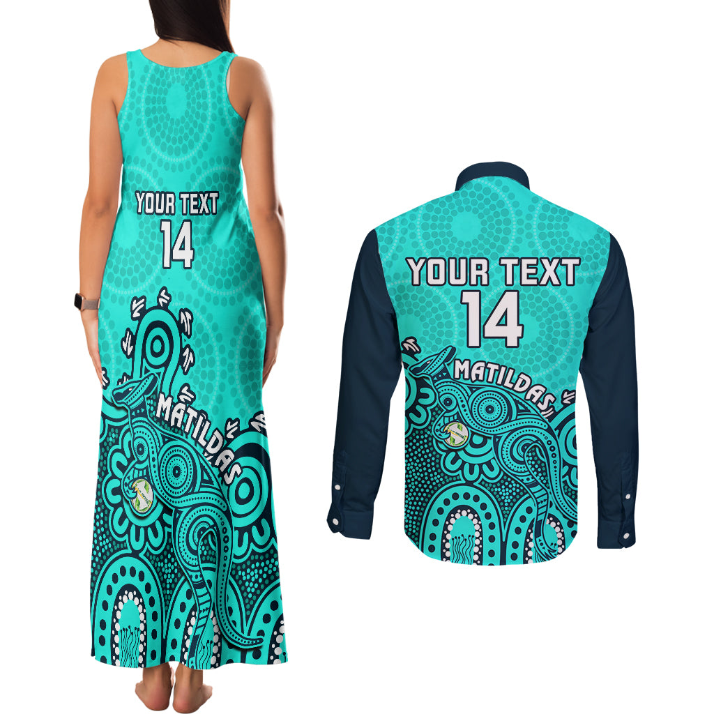personalised-australia-soccer-couples-matching-tank-maxi-dress-and-long-sleeve-button-shirts-aboriginal-turquoise-2023-world-cup-with-kangaroo