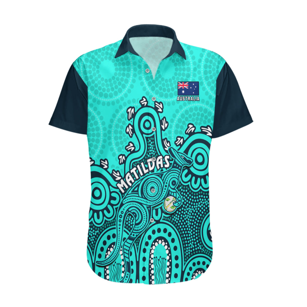 personalised-australia-soccer-hawaiian-shirt-aboriginal-turquoise-2023-world-cup-with-kangaroo