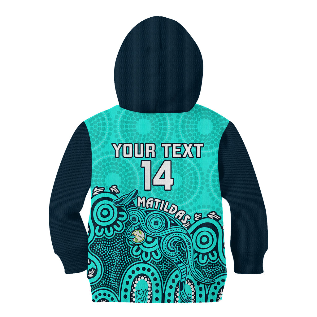 personalised-australia-soccer-kid-hoodie-aboriginal-turquoise-2023-world-cup-with-kangaroo