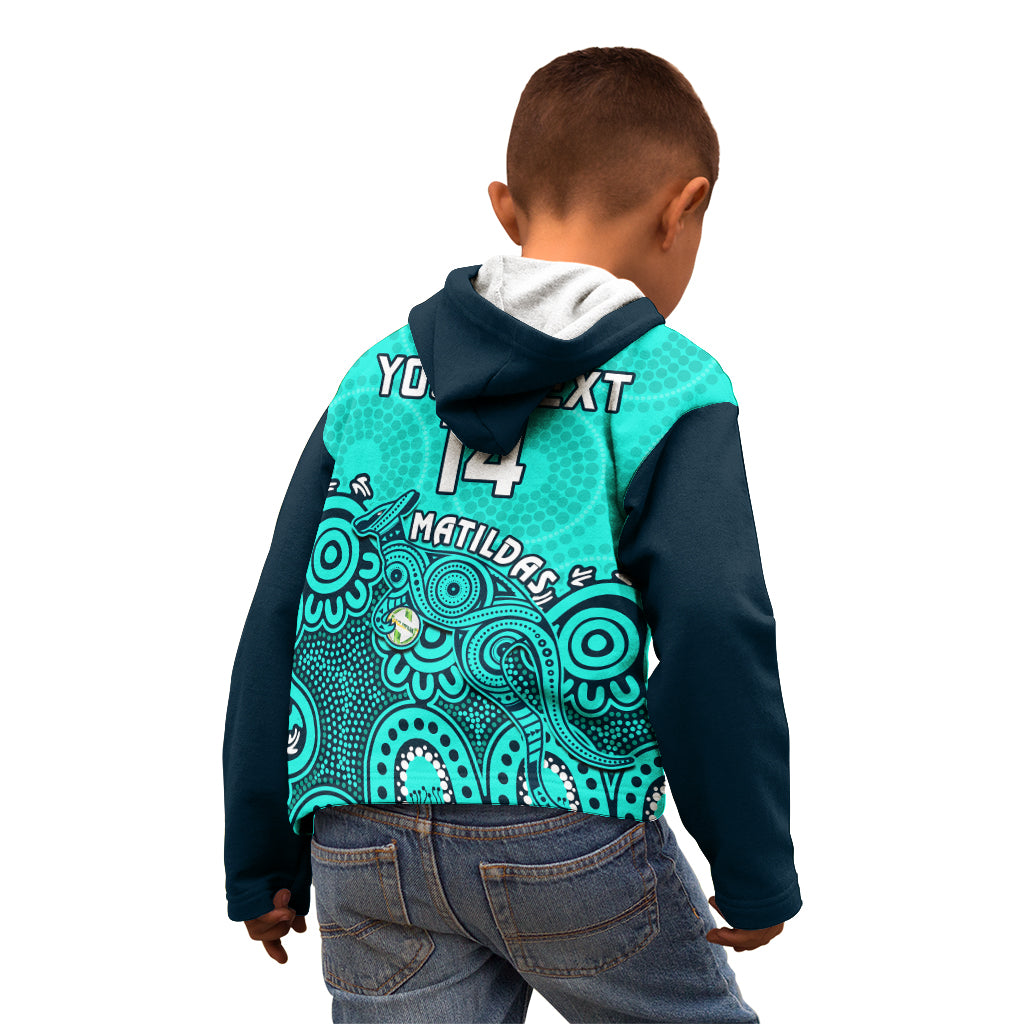 personalised-australia-soccer-kid-hoodie-aboriginal-turquoise-2023-world-cup-with-kangaroo