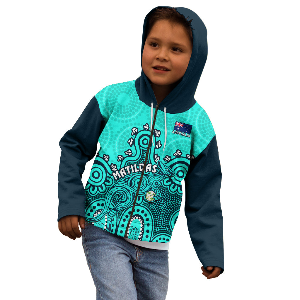 personalised-australia-soccer-kid-hoodie-aboriginal-turquoise-2023-world-cup-with-kangaroo