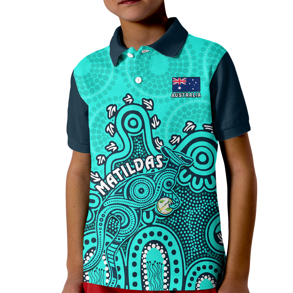 personalised-australia-soccer-kid-polo-shirt-aboriginal-turquoise-2023-world-cup-with-kangaroo