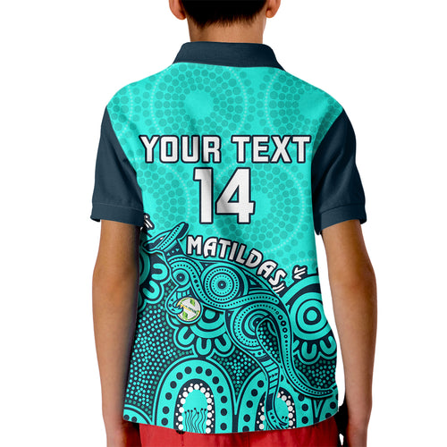 personalised-australia-soccer-kid-polo-shirt-aboriginal-turquoise-2023-world-cup-with-kangaroo