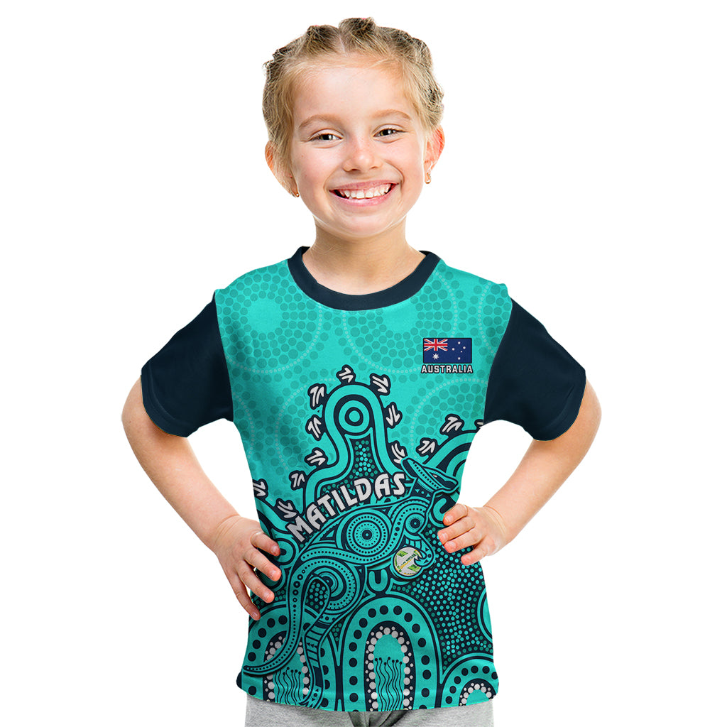 personalised-australia-soccer-kid-t-shirt-aboriginal-turquoise-2023-world-cup-with-kangaroo