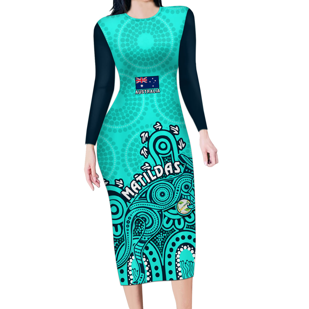 personalised-australia-soccer-long-sleeve-bodycon-dress-aboriginal-turquoise-2023-world-cup-with-kangaroo
