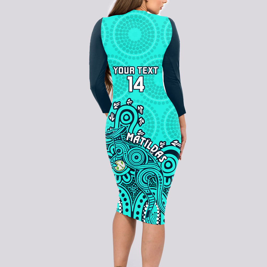personalised-australia-soccer-long-sleeve-bodycon-dress-aboriginal-turquoise-2023-world-cup-with-kangaroo