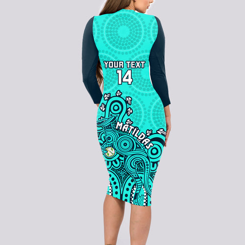 personalised-australia-soccer-long-sleeve-bodycon-dress-aboriginal-turquoise-2023-world-cup-with-kangaroo