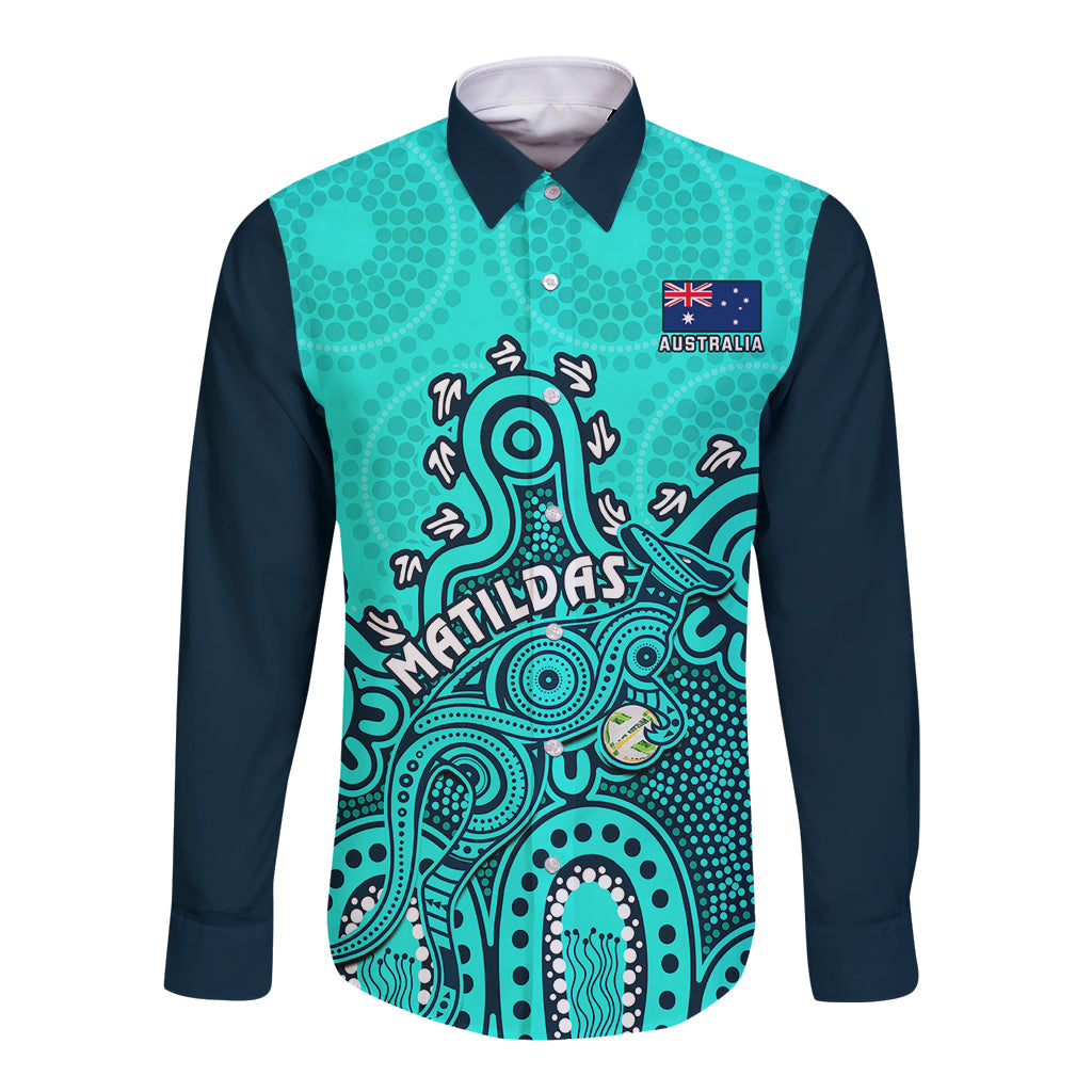 personalised-australia-soccer-long-sleeve-button-shirt-aboriginal-turquoise-2023-world-cup-with-kangaroo