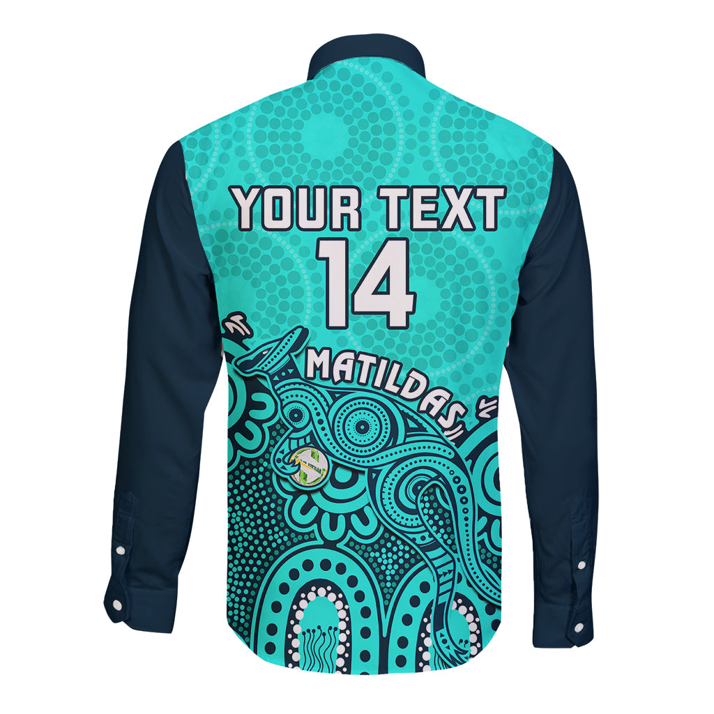 personalised-australia-soccer-long-sleeve-button-shirt-aboriginal-turquoise-2023-world-cup-with-kangaroo
