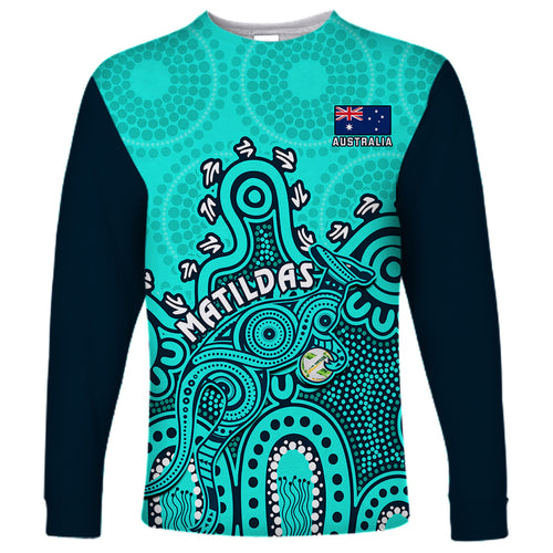personalised-australia-soccer-long-sleeve-shirt-aboriginal-turquoise-2023-world-cup-with-kangaroo