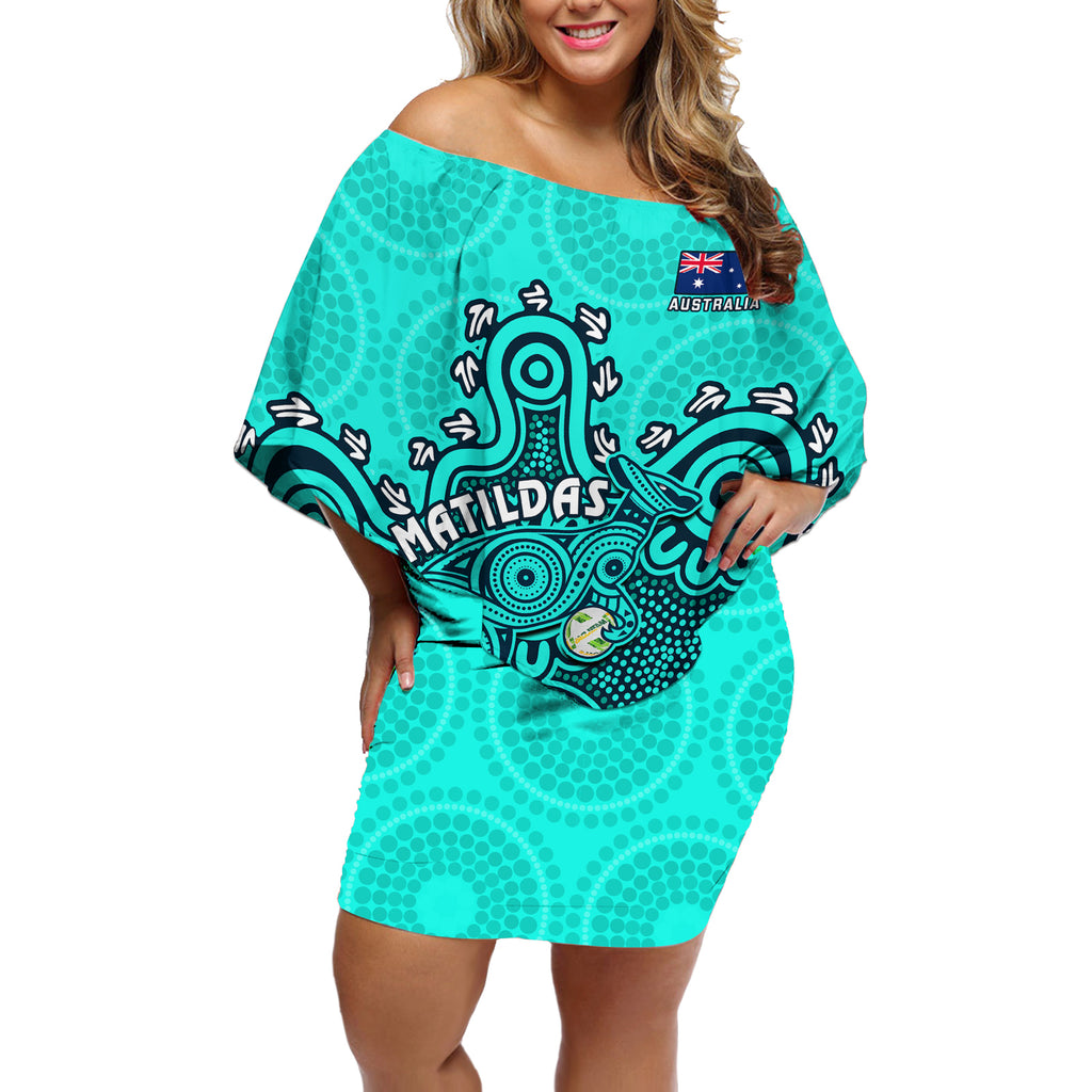 personalised-australia-soccer-off-shoulder-short-dress-aboriginal-turquoise-2023-world-cup-with-kangaroo