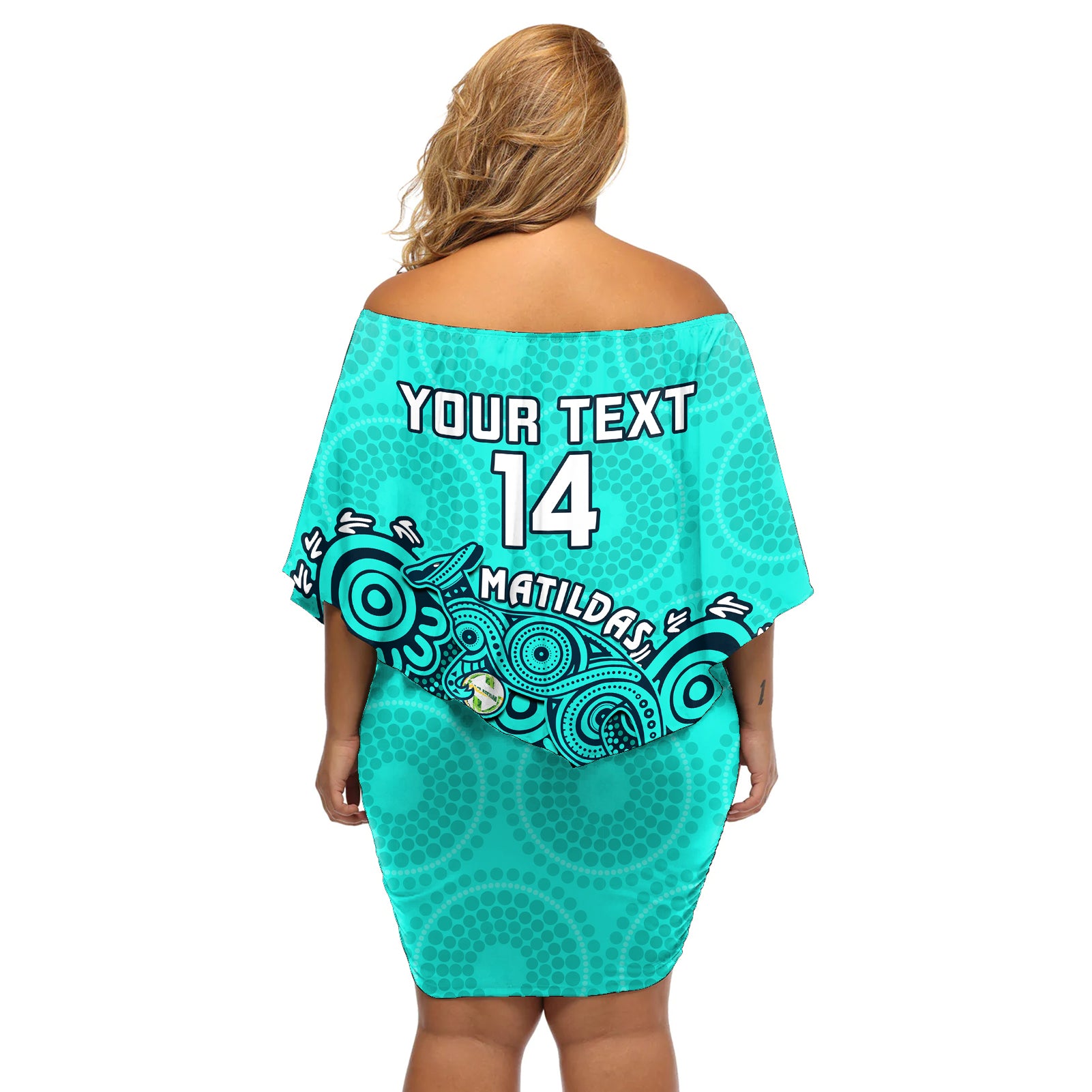 personalised-australia-soccer-off-shoulder-short-dress-aboriginal-turquoise-2023-world-cup-with-kangaroo