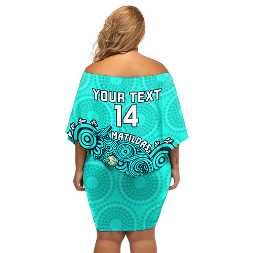 personalised-australia-soccer-off-shoulder-short-dress-aboriginal-turquoise-2023-world-cup-with-kangaroo