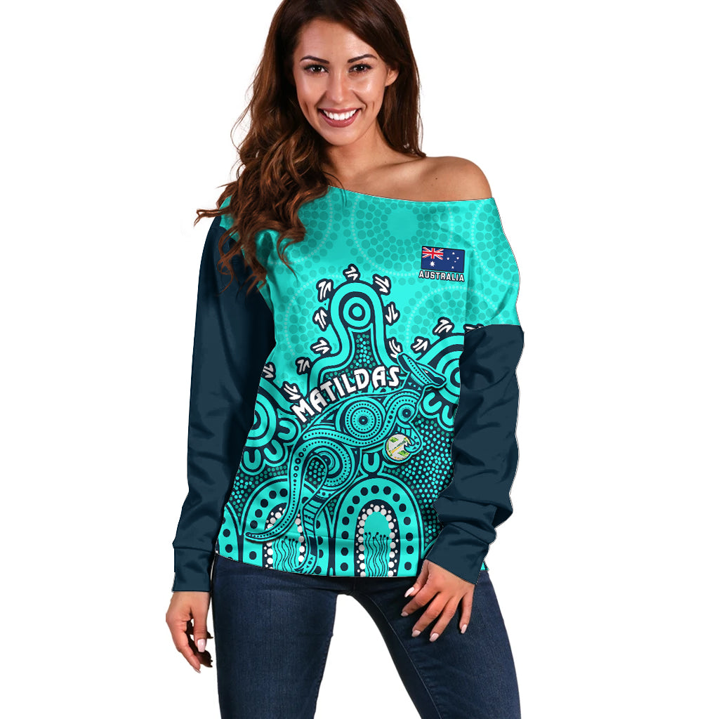 personalised-australia-soccer-off-shoulder-sweater-aboriginal-turquoise-2023-world-cup-with-kangaroo