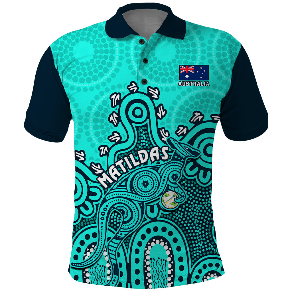 personalised-australia-soccer-polo-shirt-aboriginal-turquoise-2023-world-cup-with-kangaroo
