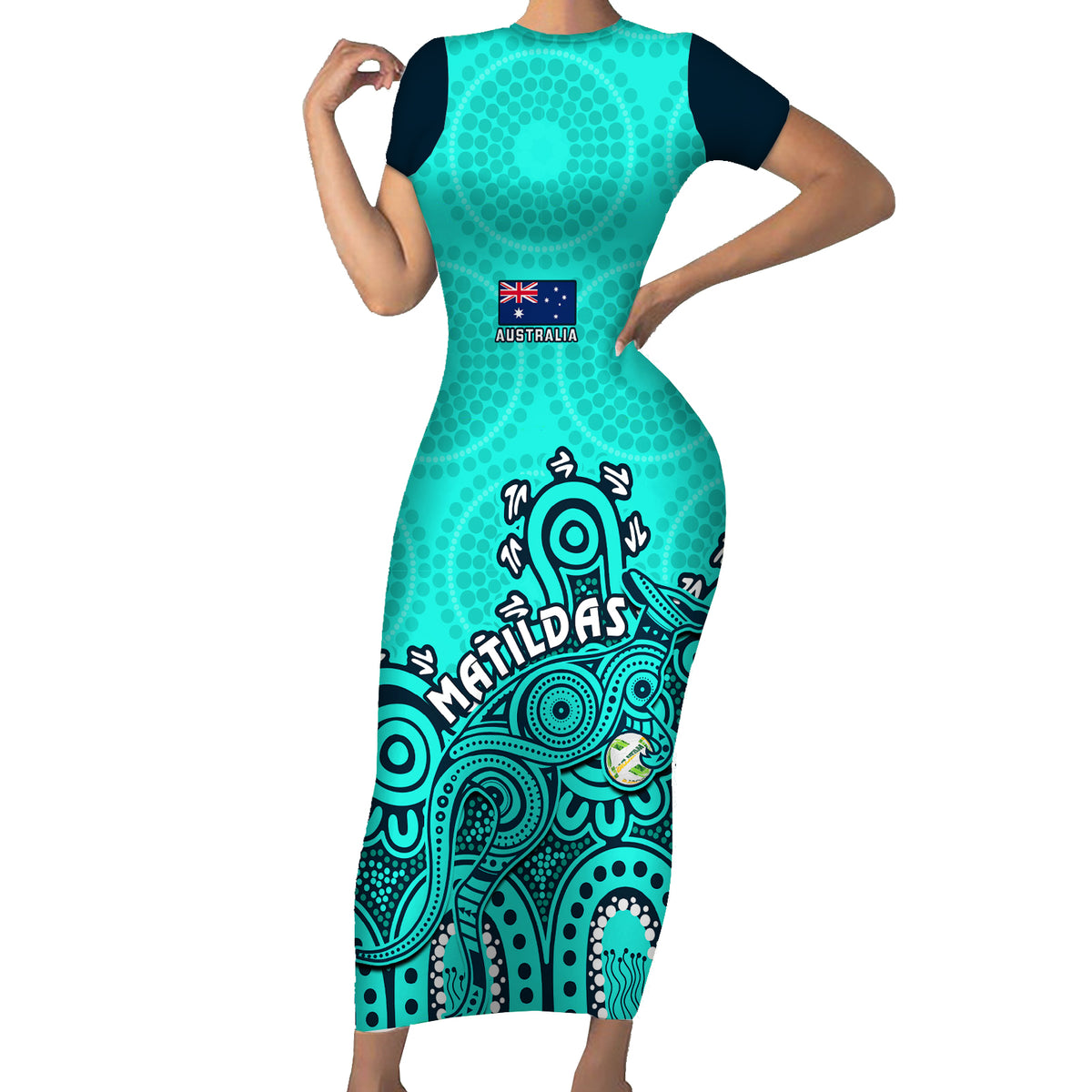 personalised-australia-soccer-short-sleeve-bodycon-dress-aboriginal-turquoise-2023-world-cup-with-kangaroo