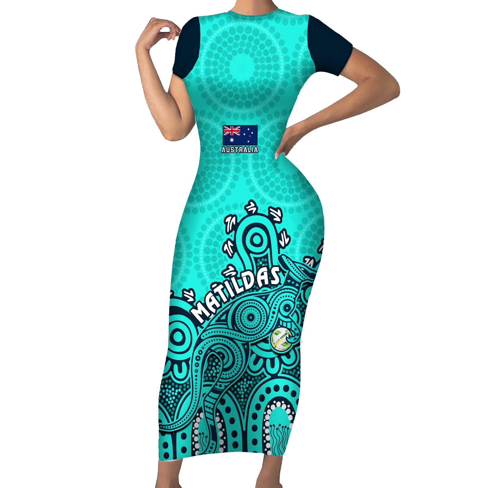 personalised-australia-soccer-short-sleeve-bodycon-dress-aboriginal-turquoise-2023-world-cup-with-kangaroo