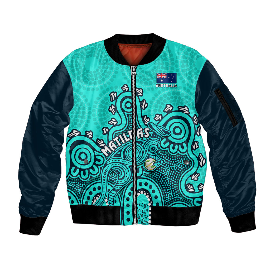 personalised-australia-soccer-sleeve-zip-bomber-jacket-aboriginal-turquoise-2023-world-cup-with-kangaroo