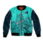 personalised-australia-soccer-sleeve-zip-bomber-jacket-aboriginal-turquoise-2023-world-cup-with-kangaroo