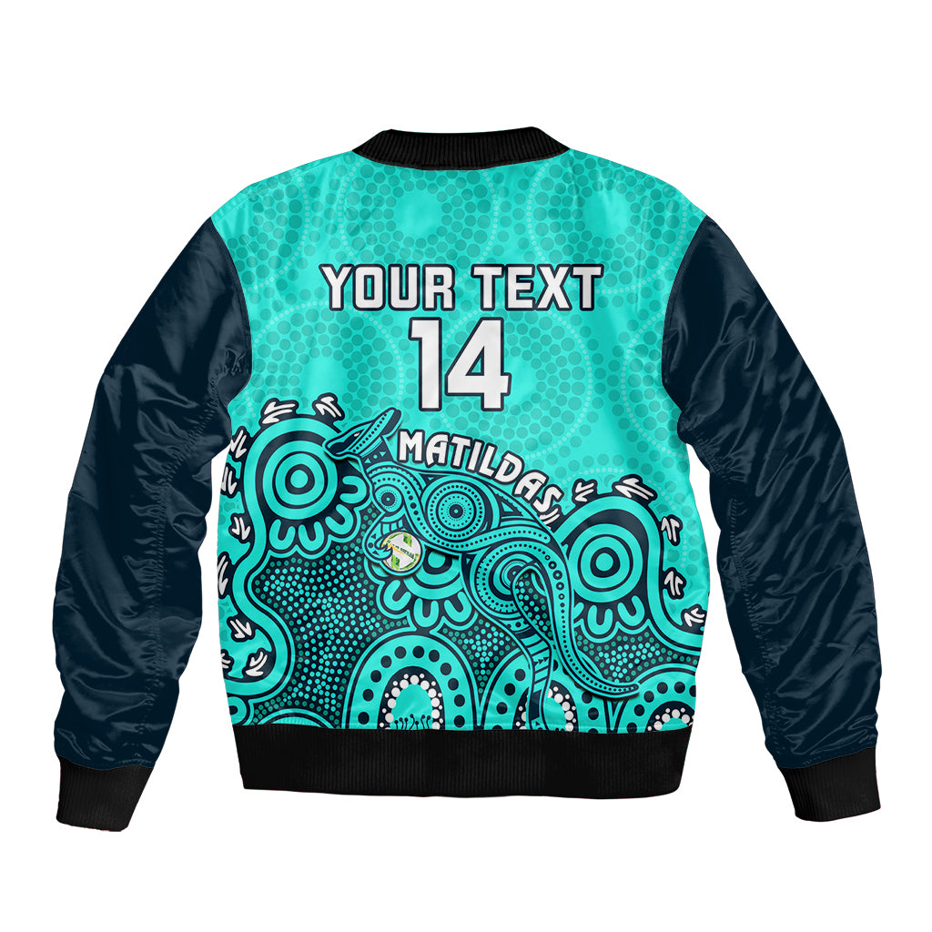 personalised-australia-soccer-sleeve-zip-bomber-jacket-aboriginal-turquoise-2023-world-cup-with-kangaroo