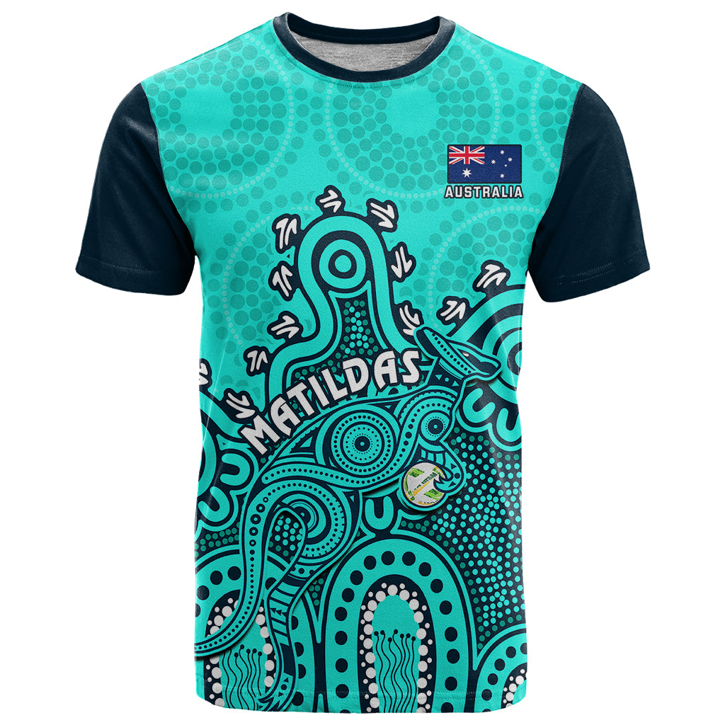 personalised-australia-soccer-t-shirt-aboriginal-turquoise-2023-world-cup-with-kangaroo