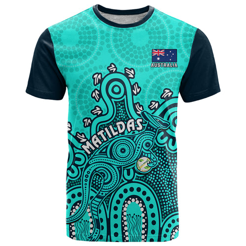 personalised-australia-soccer-t-shirt-aboriginal-turquoise-2023-world-cup-with-kangaroo
