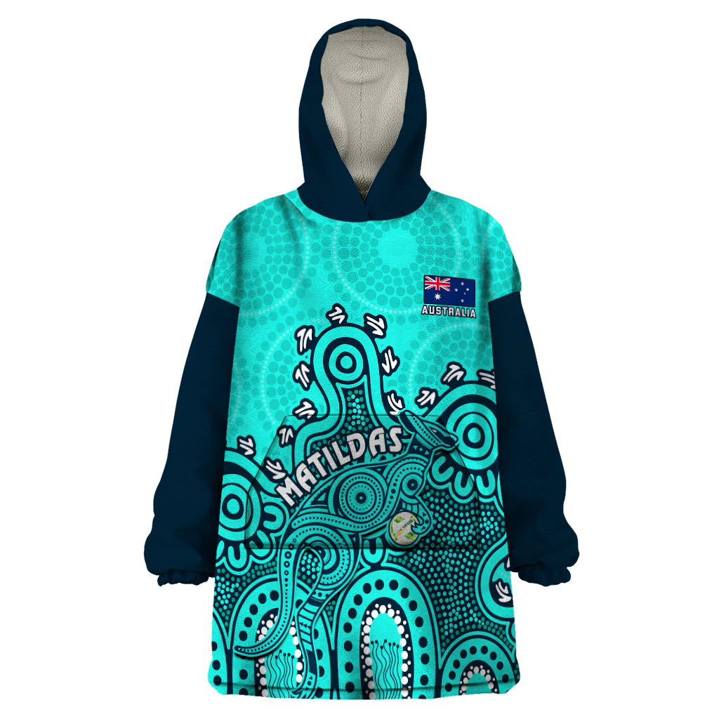 personalised-australia-soccer-wearable-blanket-hoodie-aboriginal-turquoise-2023-world-cup-with-kangaroo